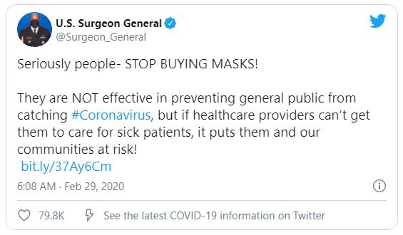 US Surgeon General Tweets about Masks